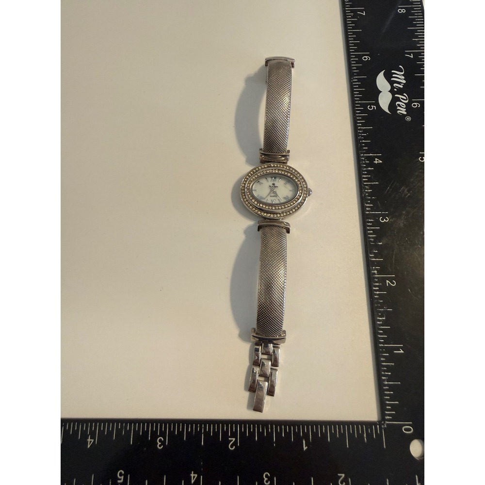 Precision Designs Silver Tone‎ Rhinestone Oval Face Mesh Band Dress Watch Japan